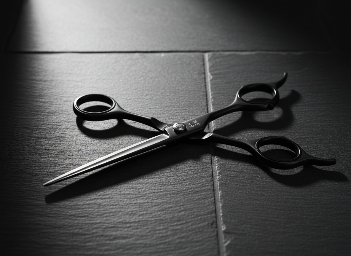 A close-up of lustrous, jet-black shears with razor-sharp edges, meticulously arranged on a matte black, slate-tiled work surface. The shears' brushed metal handles reflect crisp, directional studio lighting that casts dramatic, elongated shadows across the minimalist, uncluttered background. Subtle silver highlights accentuate the precision craftsmanship of the shears, enhancing their bold allure. The scene is shot with a centered composition from a slightly elevated angle, the sharp focus emphasizing detailed textures and polished finishes. The mood is striking and confident, perfectly capturing the edgy, fashion-forward essence of Shady Salon in a photographic realism style.